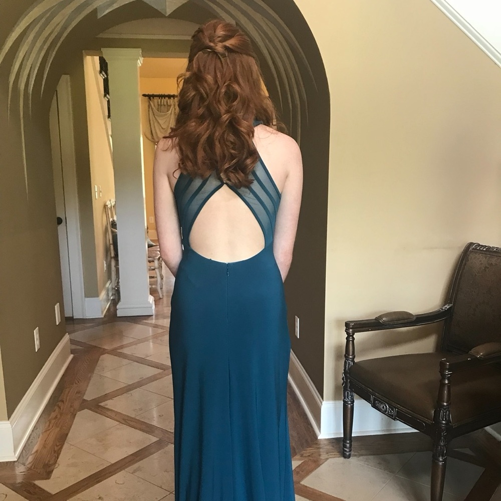 Morgan and Co. Teal Green Formal/Prom Full Length Halter Neck Dress